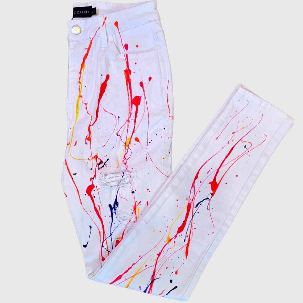 NWT Purple Candy Womens Jeans Small White Paint Splatter Distressed Skinny Jeans